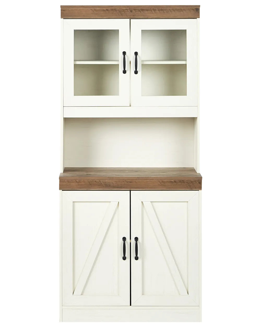 White kitchen cabinet with wooden top and doors 