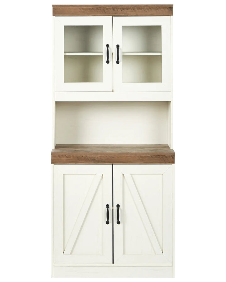 White kitchen cabinet with wooden top and doors 