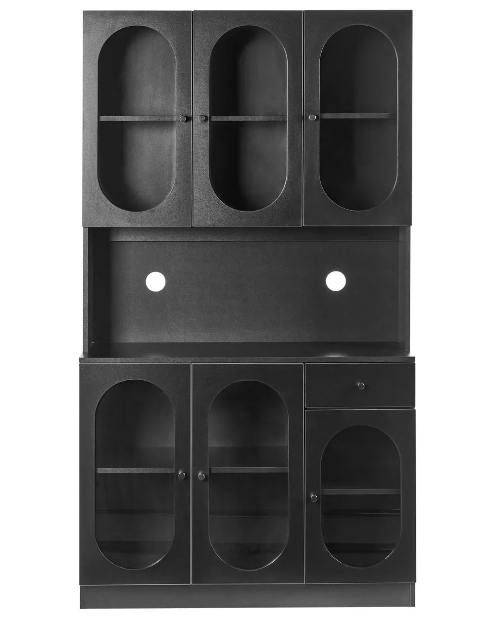 Black cabinet with multiple shelves and round cutouts 