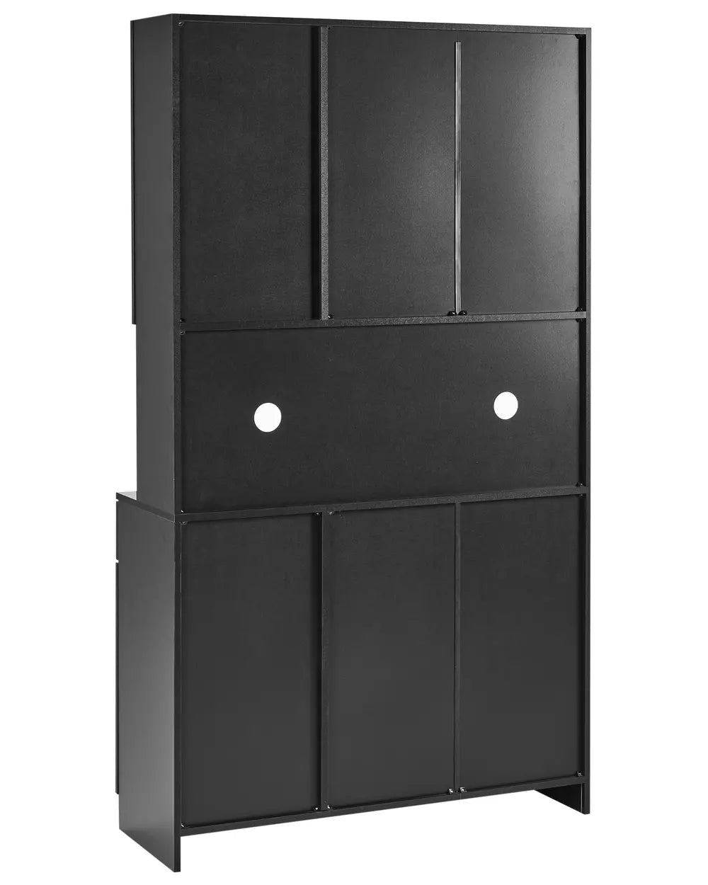 Black metal storage cabinet with multiple doors on a white background