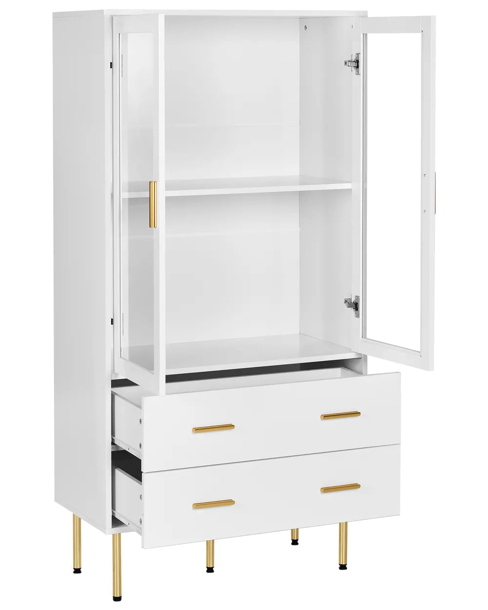 White cabinet with glass doors and gold accents