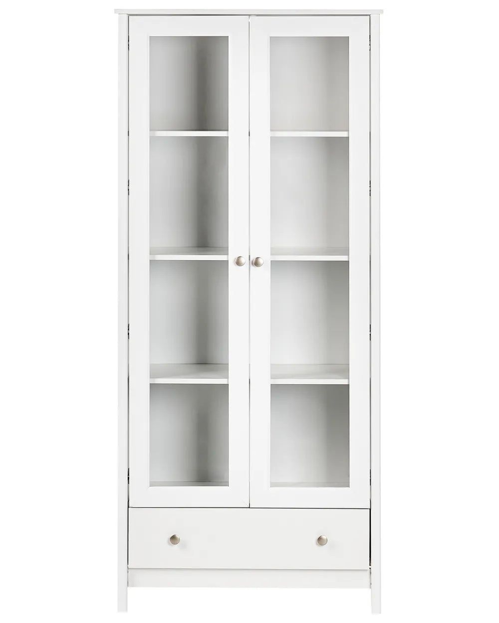 White bookshelf with glass doors and a drawer 
