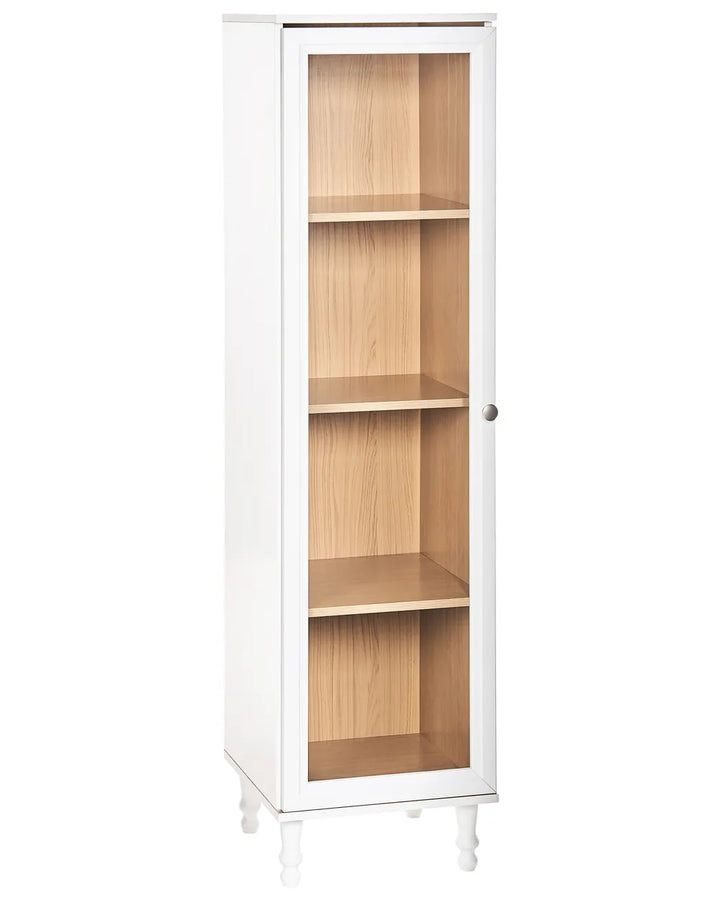 Tall white cabinet with wooden shelves 