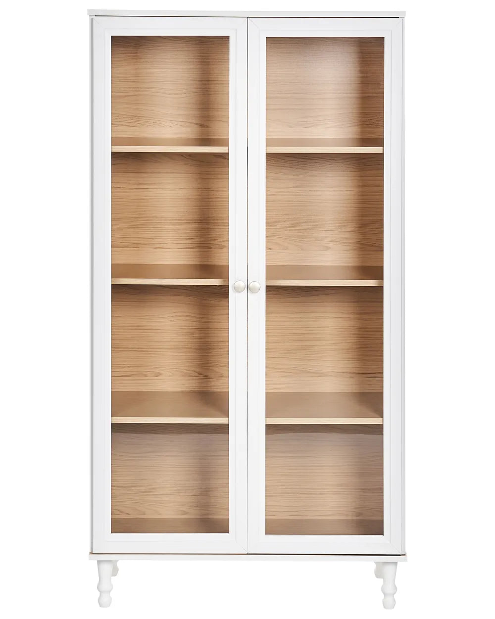 White cabinet with glass doors displaying wooden shelves 
