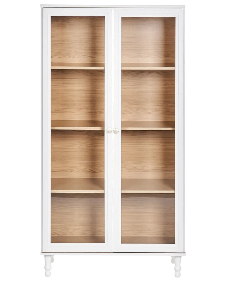 White cabinet with glass doors displaying wooden shelves 