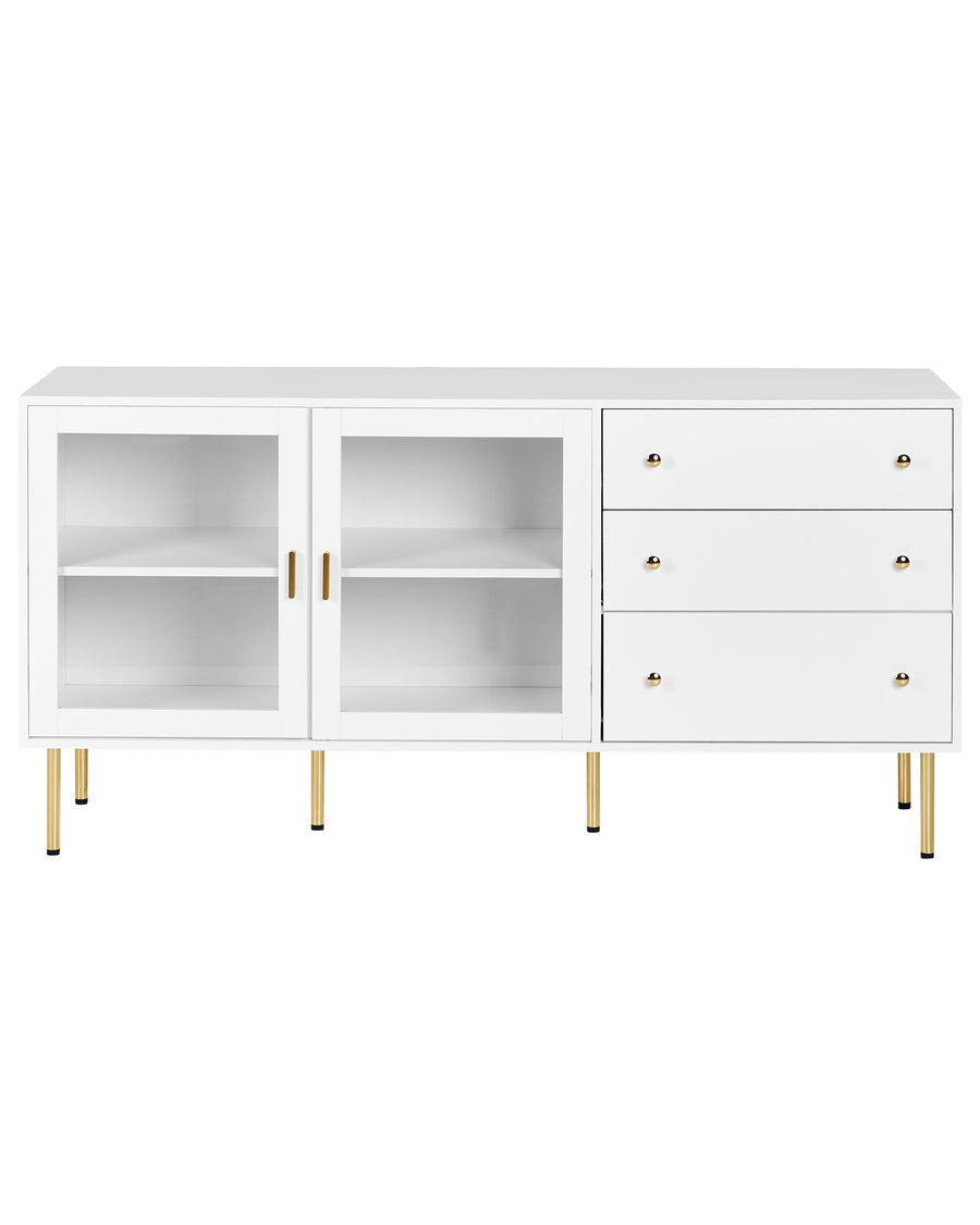 White sideboard with glass doors and gold legs on a white background
