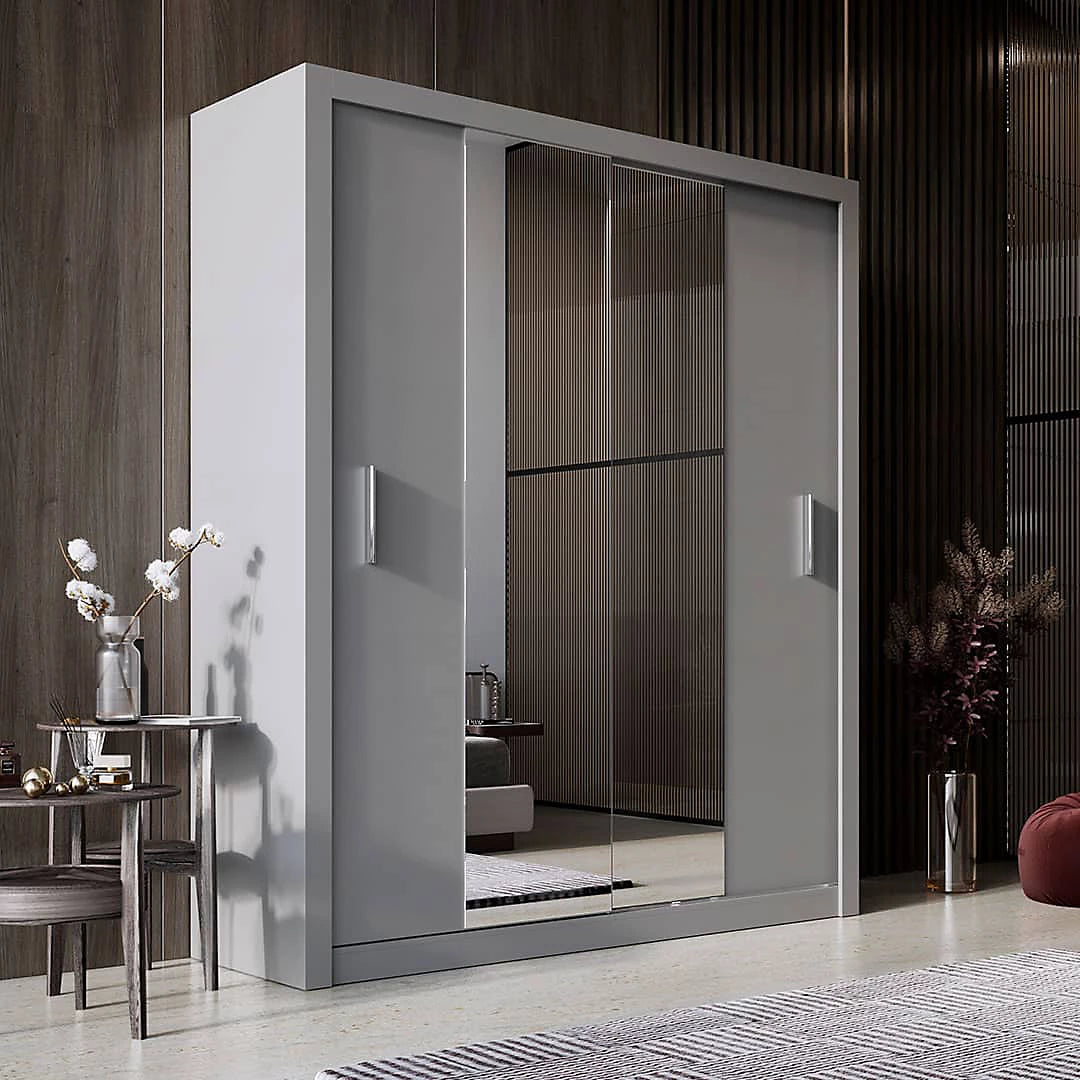 Idea 03 Contemporary Mirrored Sliding 2 Door Wardrobe 5 Shelves 1 Hanging Rail Grey