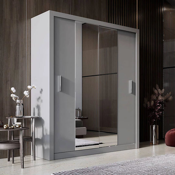 Idea 03 Contemporary Mirrored Sliding 2 Door Wardrobe 5 Shelves 1 Hanging Rail Grey