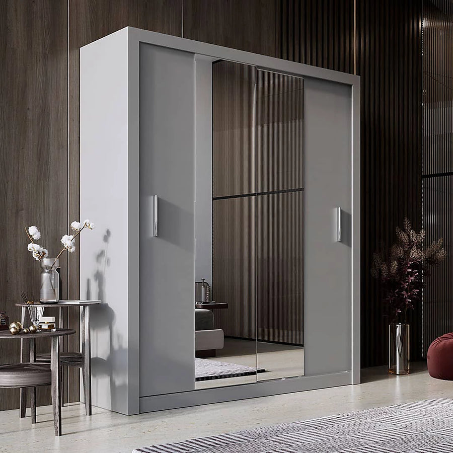Idea 03 Contemporary Mirrored Sliding 2 Door Wardrobe 5 Shelves 1 Hanging Rail Grey