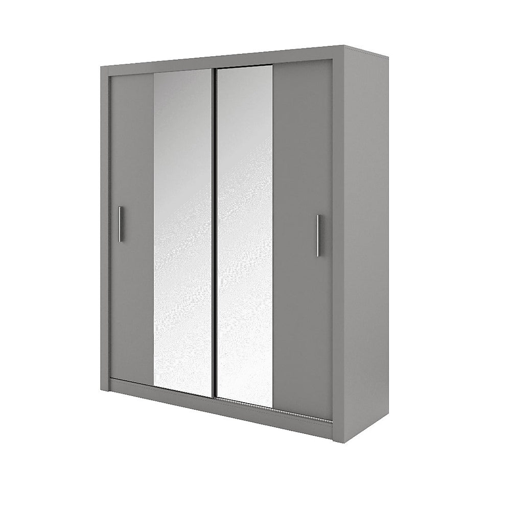 Idea 03 Contemporary Mirrored Sliding 2 Door Wardrobe 5 Shelves 1 Hanging Rail Grey