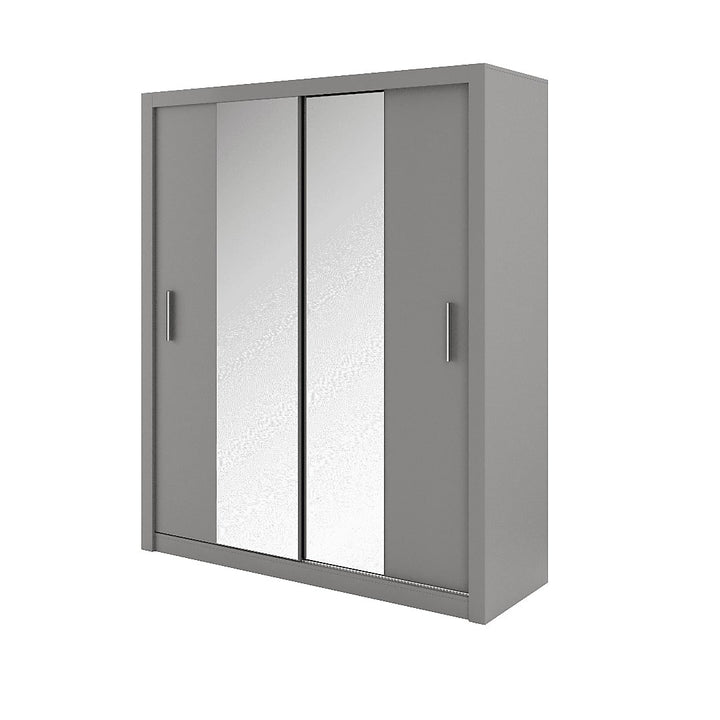 Idea 03 Contemporary Mirrored Sliding 2 Door Wardrobe 5 Shelves 1 Hanging Rail Grey