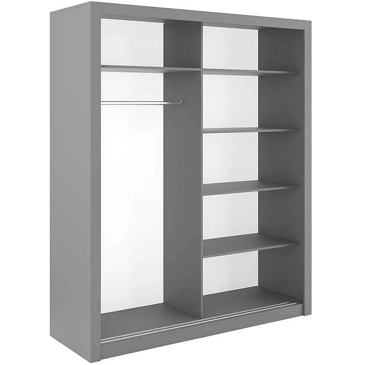 Idea 03 Contemporary Mirrored Sliding 2 Door Wardrobe 5 Shelves 1 Hanging Rail Grey