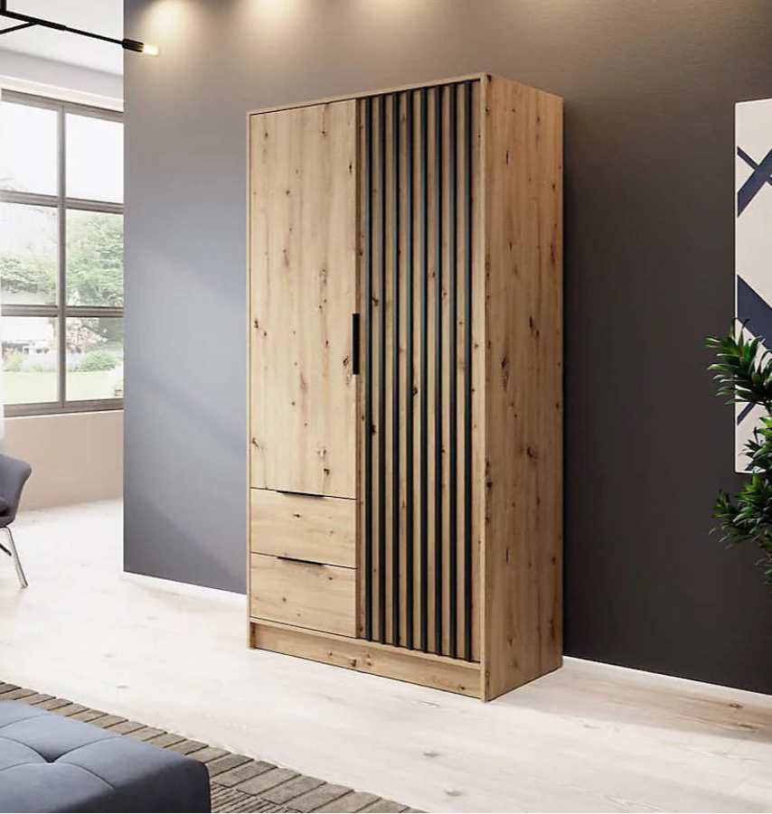 Nelly Contemporary Hinged 2 Door Wardrobe Oak Effect 2 Drawers 4 Shelves 1 Hanging Rail Lamela Decor