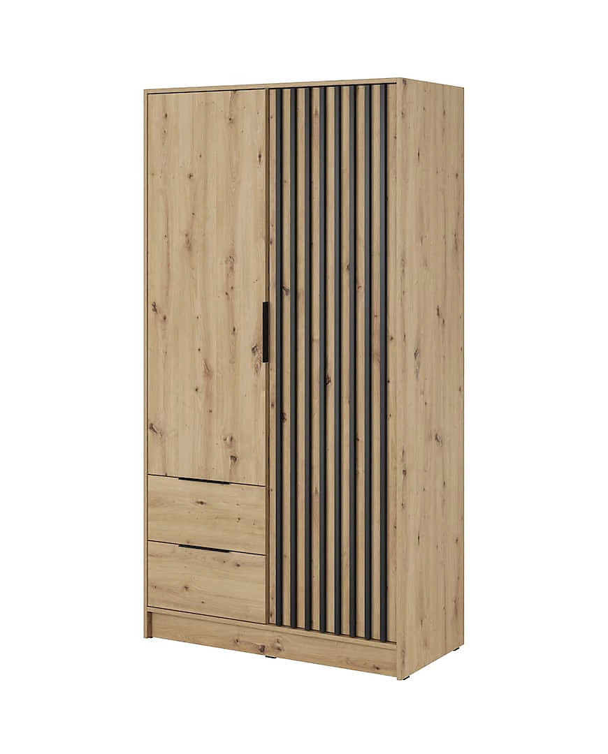 Nelly Contemporary Hinged 2 Door Wardrobe Oak Effect 2 Drawers 4 Shelves 1 Hanging Rail Lamela Decor