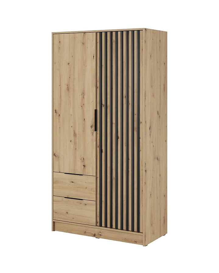 Nelly Contemporary Hinged 2 Door Wardrobe Oak Effect 2 Drawers 4 Shelves 1 Hanging Rail Lamela Decor