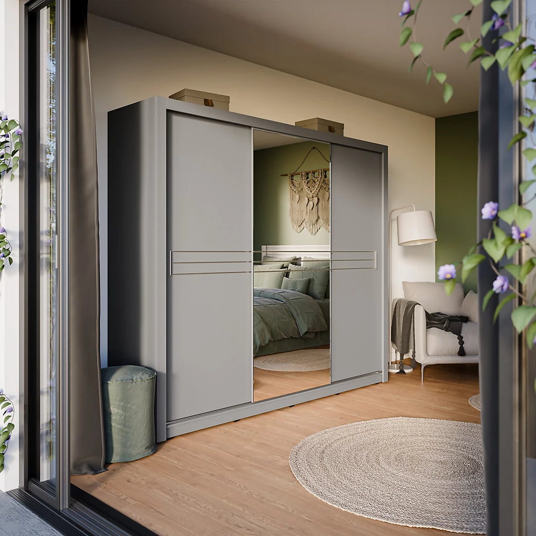 Havana Contemporary Mirrored Sliding 3 Door Wardrobe 10 Shelves 1 Rail 2 Drawers Grey