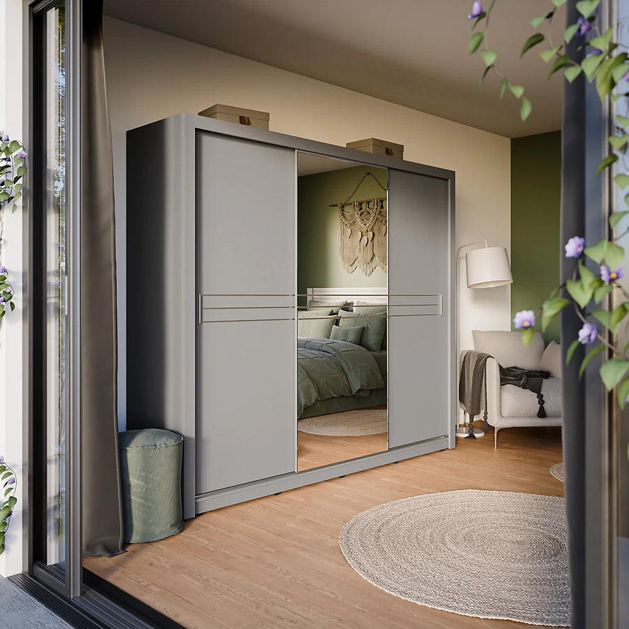 Havana Contemporary Mirrored Sliding 3 Door Wardrobe 10 Shelves 1 Rail 2 Drawers Grey