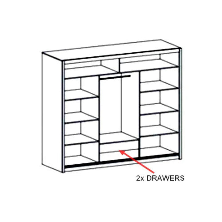 Havana Contemporary Mirrored Sliding 3 Door Wardrobe 10 Shelves 1 Rail 2 Drawers Grey