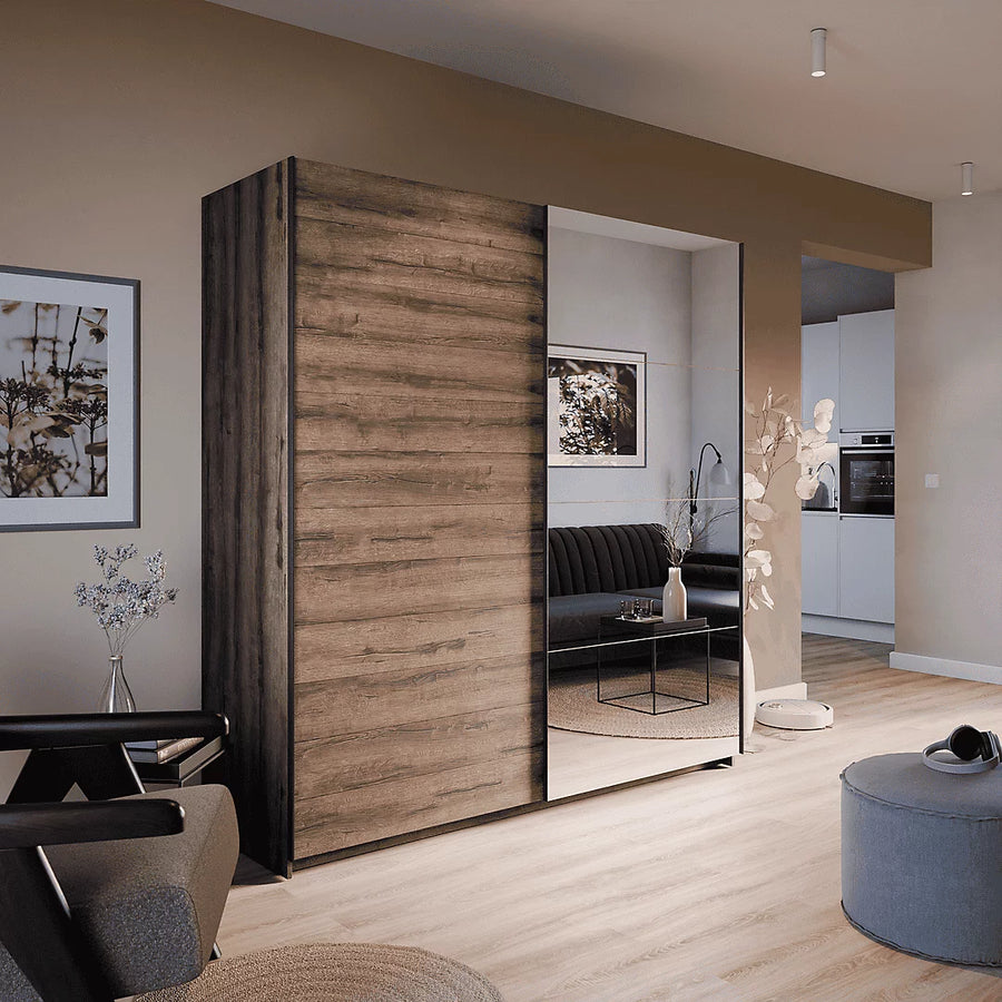 Beta Sliding Door Mirrored Wardrobe in Oak Monastery - Spacious Wardrobe with Shelves and Hanging Rail W200cm