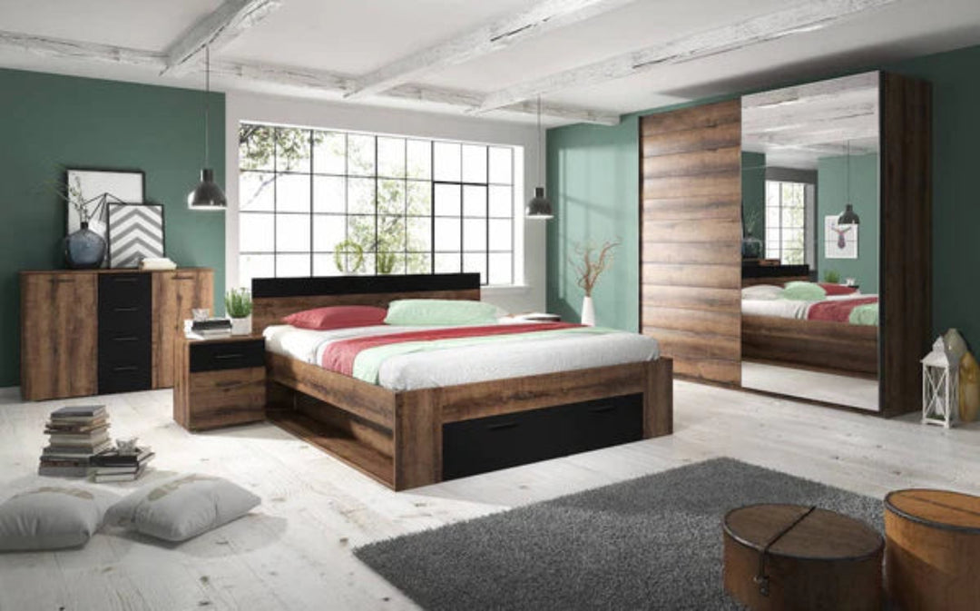 Beta Contemporary Mirrored Sliding 2 Door Wardrobe 5 Shelves 1 Rail Monastery Oak Effect (W)180cm