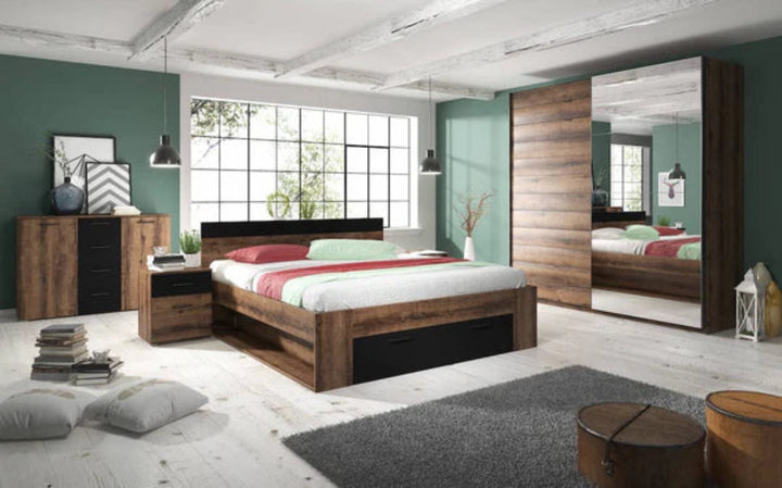 Beta Contemporary Mirrored Sliding 2 Door Wardrobe 5 Shelves 1 Rail Monastery Oak Effect (W)180cm