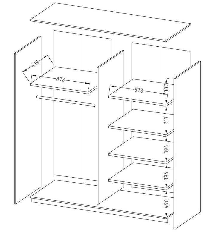 Beta Contemporary Mirrored Sliding 2 Door Wardrobe 5 Shelves 1 Rail Monastery Oak Effect (W)180cm