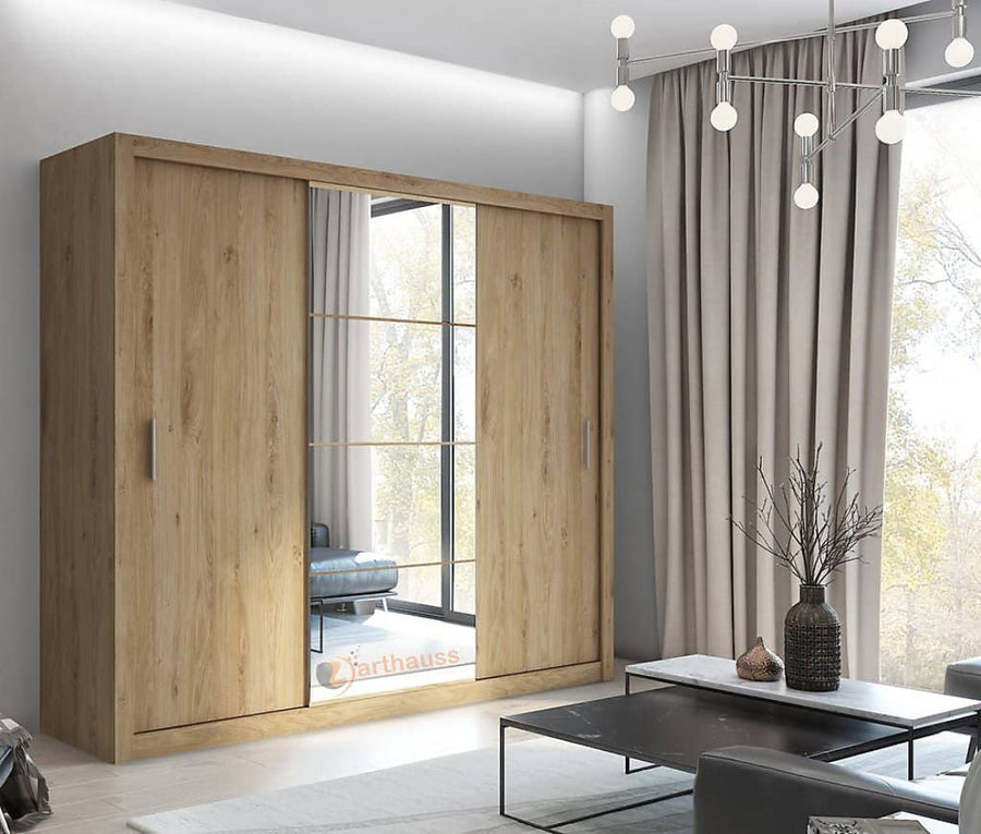 Idea 01 Contemporary Mirrored Sliding 3 Door Wardrobe 6 Shelves 2 Rails Oak Shetland Effect