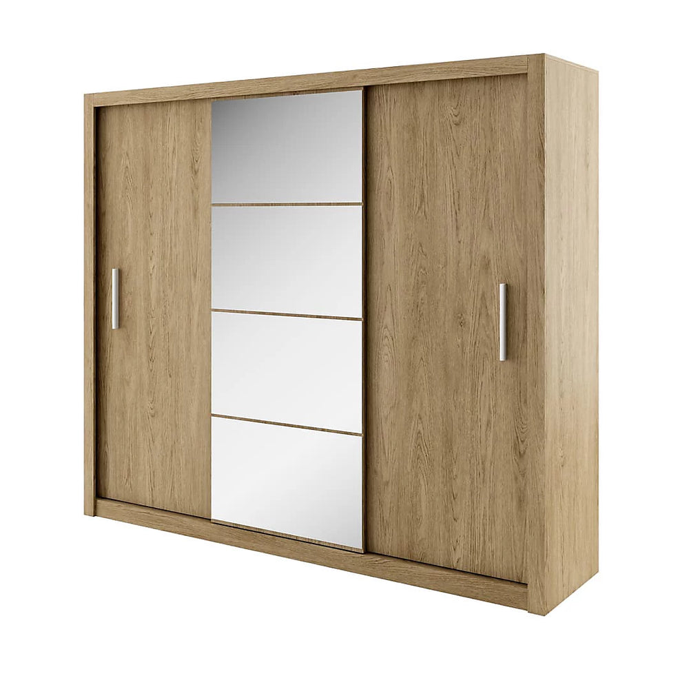 Idea 01 Contemporary Mirrored Sliding 3 Door Wardrobe 6 Shelves 2 Rails Oak Shetland Effect
