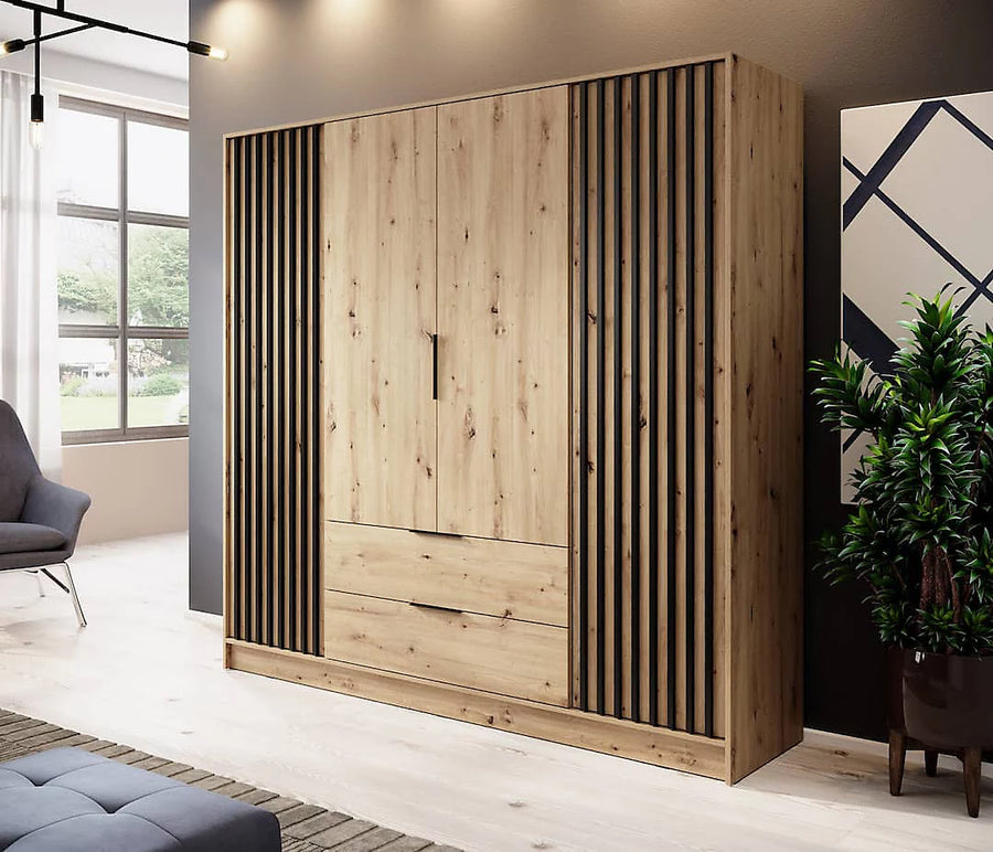 Nelly Contemporary Hinged 4 Door Wardrobe Oak Effect 2 Drawers 8 Shelves 1 Hanging Rail Lamela Decor