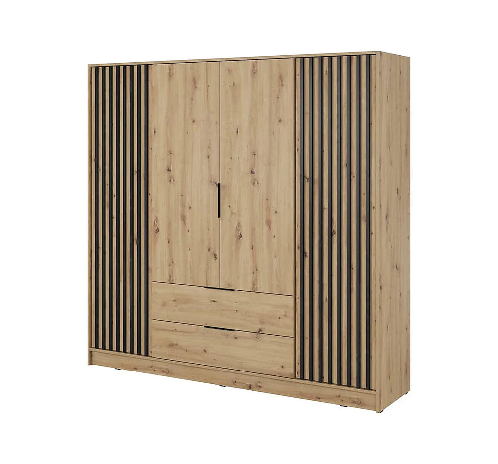 Nelly Contemporary Hinged 4 Door Wardrobe Oak Effect 2 Drawers 8 Shelves 1 Hanging Rail Lamela Decor