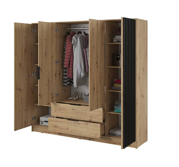 Nelly Contemporary Hinged 4 Door Wardrobe Oak Effect 2 Drawers 8 Shelves 1 Hanging Rail Lamela Decor