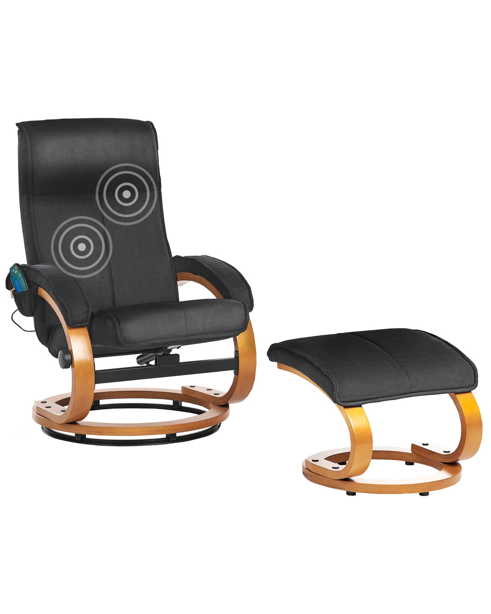 Black recliner chair with wooden frame and matching ottoman on a white background