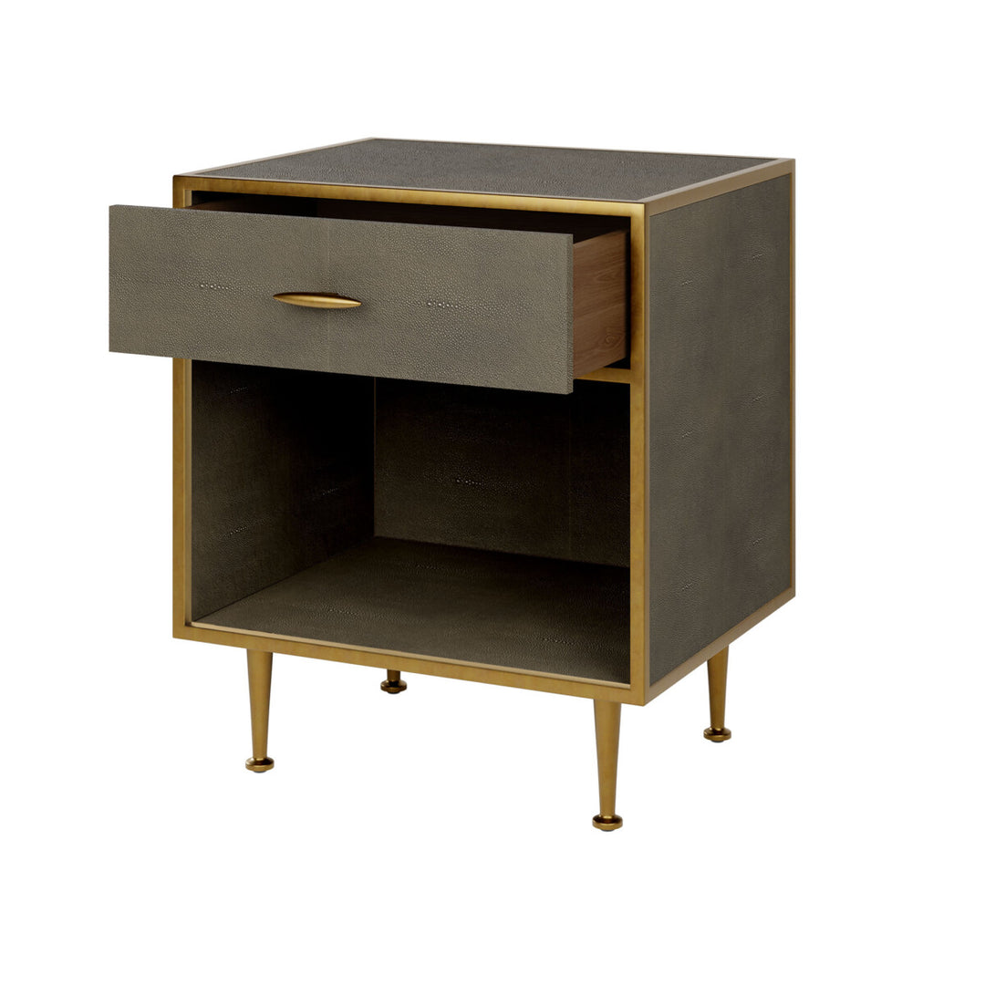 Side table with a drawer and gold accents on a white background