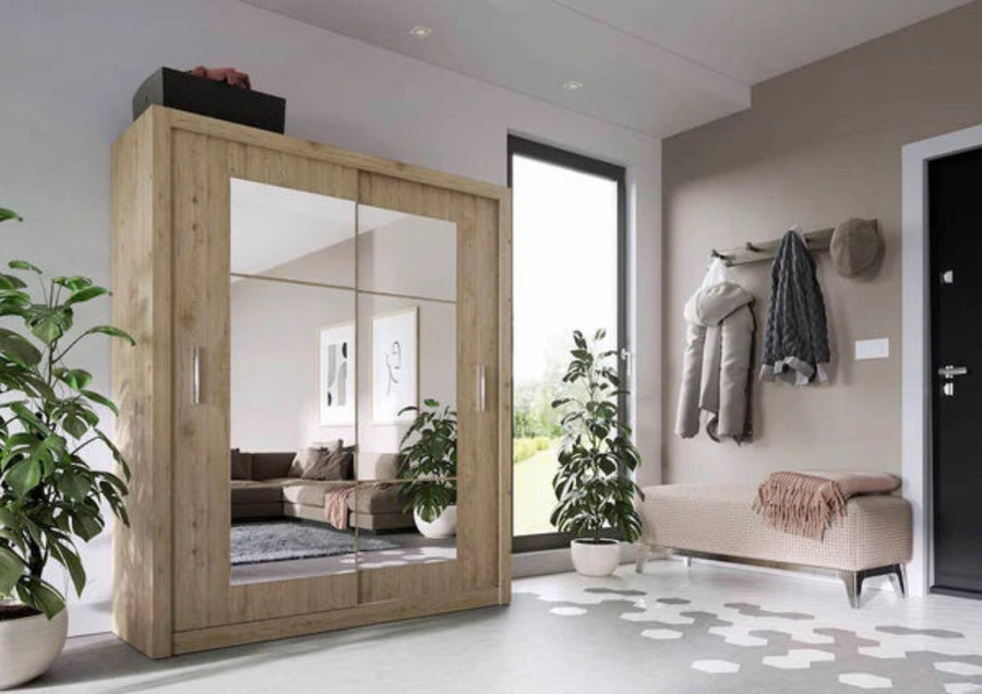 Idea 02 Contemporary Mirrored Sliding 2 Door Wardrobe 5 Shelves 1 Hanging Rail Oak San Remo Effect