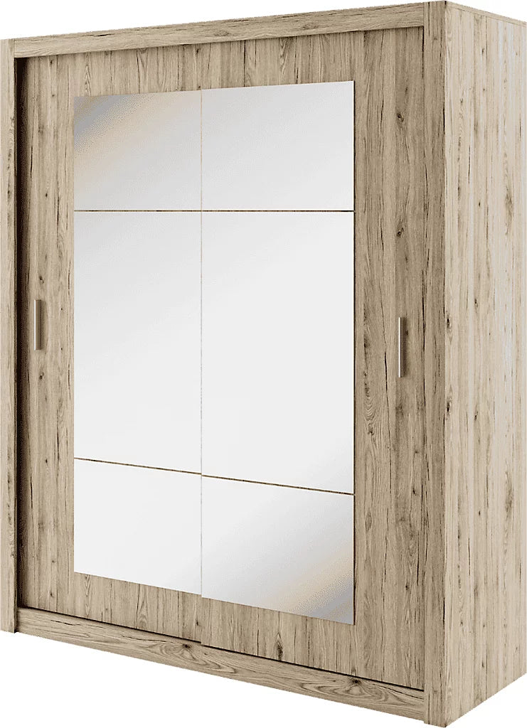 Idea 02 Contemporary Mirrored Sliding 2 Door Wardrobe 5 Shelves 1 Hanging Rail Oak San Remo Effect