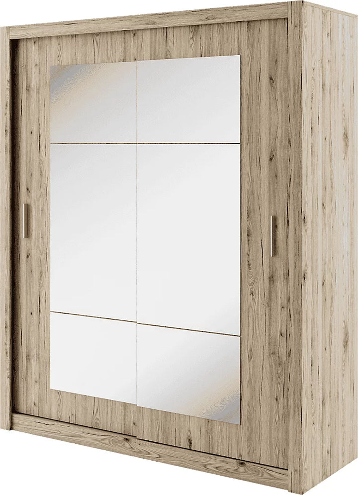 Idea 02 Contemporary Mirrored Sliding 2 Door Wardrobe 5 Shelves 1 Hanging Rail Oak San Remo Effect