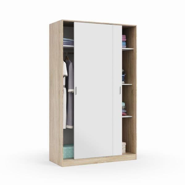Tall wardrobe with a white sliding door on a white background