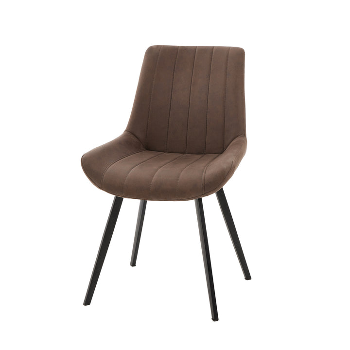 Brown upholstered chair with black metal legs on a white background