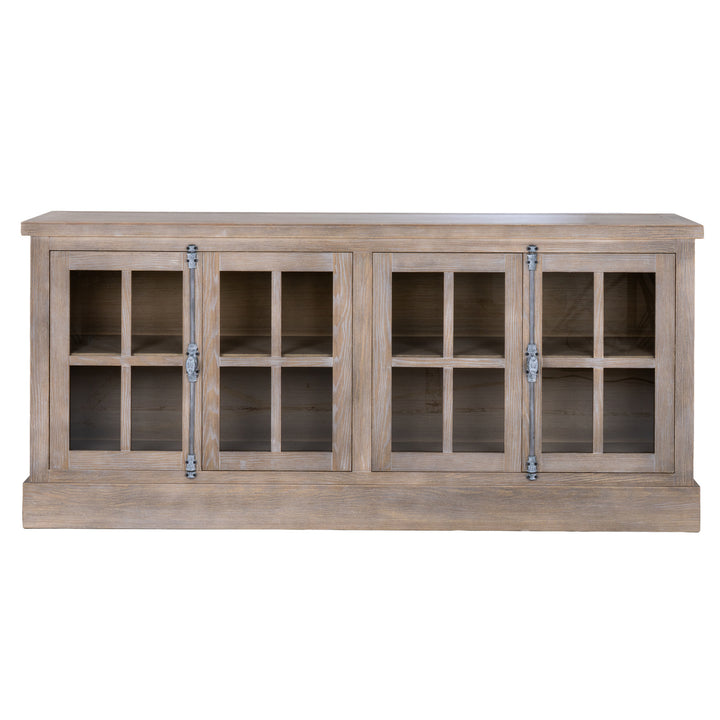 A rustic light brown wooden sideboard cabinet with three glass-paneled doors and metal hinges, shown against a plain white background.