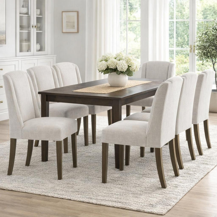 Grey fabric dining chair with wooden frame
