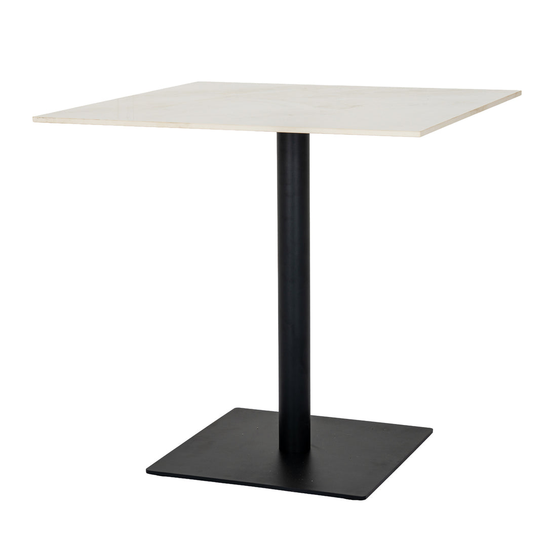 A square side table with a light beige marble-patterned top and a black metal pedestal base with a square plate, shown on a solid white background.