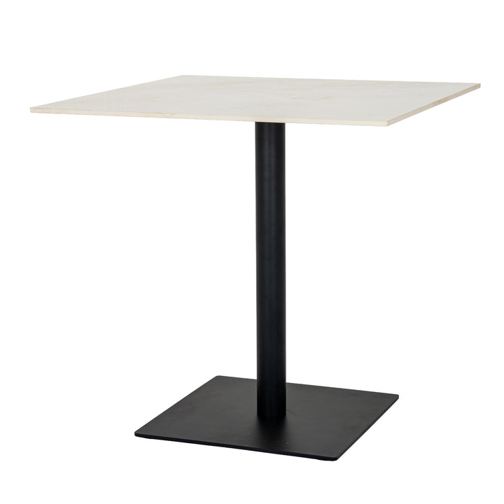 A square side table with a light beige marble-patterned top and a black metal pedestal base with a square plate, shown on a solid white background.