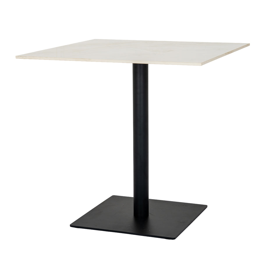 A square side table with a light beige marble-patterned top and a black metal pedestal base with a square plate, shown on a solid white background.