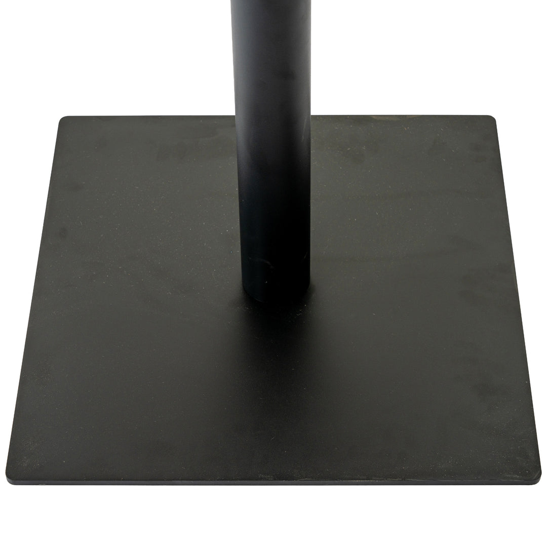 Close-up of a black metal stand base with a square platform and a central vertical pole on a white background.
