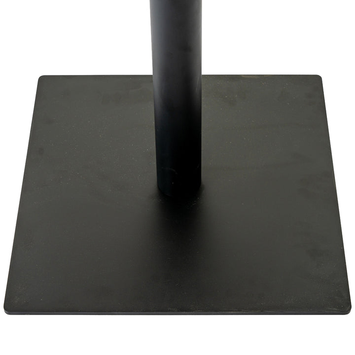Close-up of a black metal stand base with a square platform and a central vertical pole on a white background.