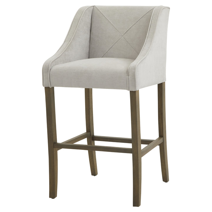 Gray cushioned bar stool with wooden legs on a white background