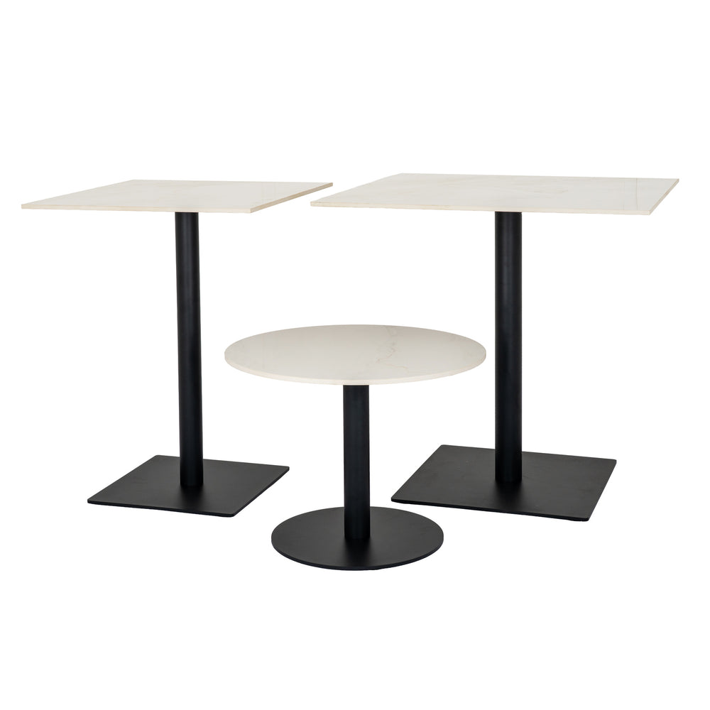 A set of three modern cafe tables with white marble-look tops and black metal pedestal bases, shown on a plain white background.