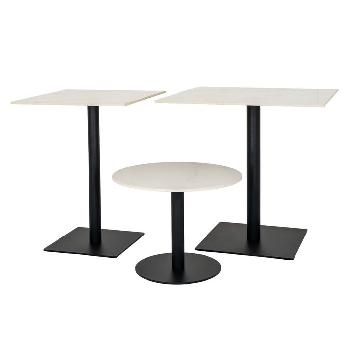 A set of three modern cafe tables with white marble-look tops and black metal pedestal bases, shown on a plain white background.