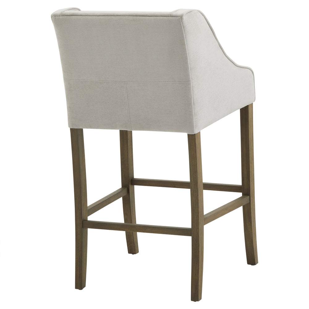 Bar stool with beige cushioned seat and backrest on a white background
