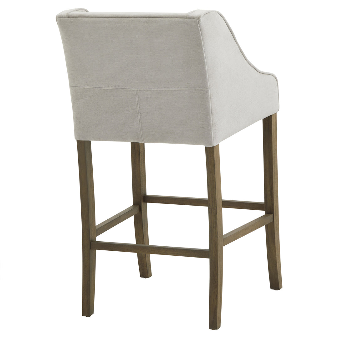 Bar stool with beige cushioned seat and backrest on a white background
